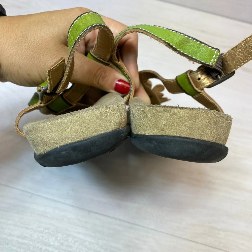 L'Artiste Womens 38 Sandals Sundae Floral Leather Thong Ankle Strap Green Boho
